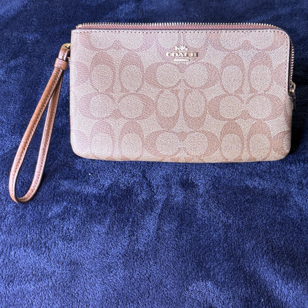 Coach Pink and Tan Double Zipper Signature Wristlet